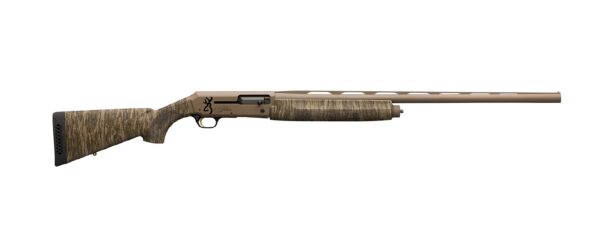 Side view of a hunting shotgun on white background.