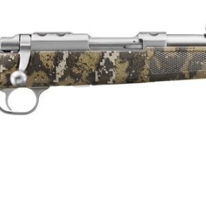 Detailed view of a camouflaged rifle.