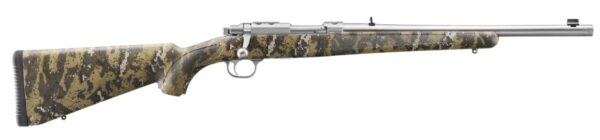 Detailed view of a camouflaged rifle.