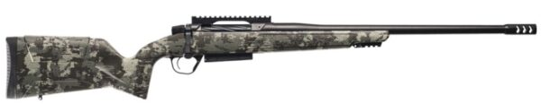 Side view of a camouflaged hunting rifle.