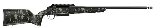 Side view of a camouflaged rifle.