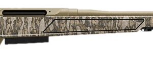 Side view of a camouflaged hunting rifle.