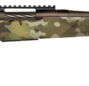 Camo-patterned rifle with a long barrel.