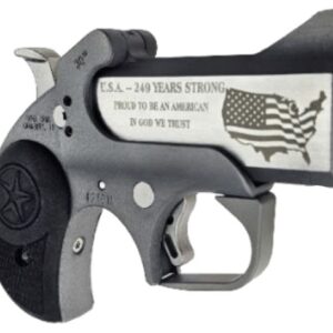 Compact handgun with American flag engraving.