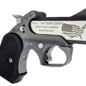 Compact firearm with engraved American patriotic design.