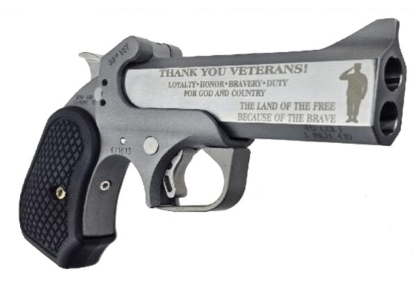Veteran tribute engraved on a firearm.