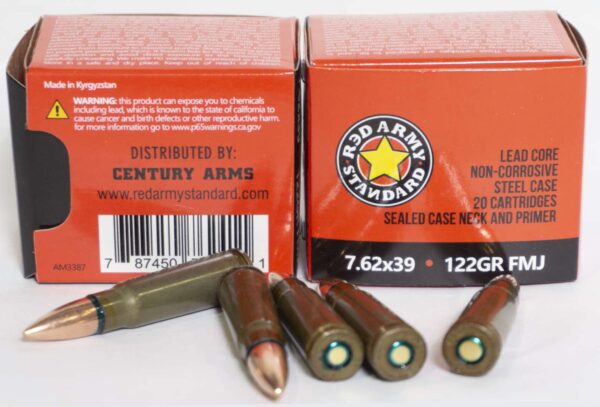 Boxes and cartridges of 7.62x39 ammunition