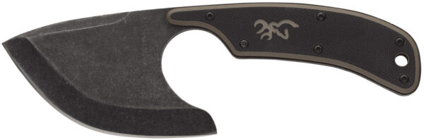 Black curved knife with textured handle.