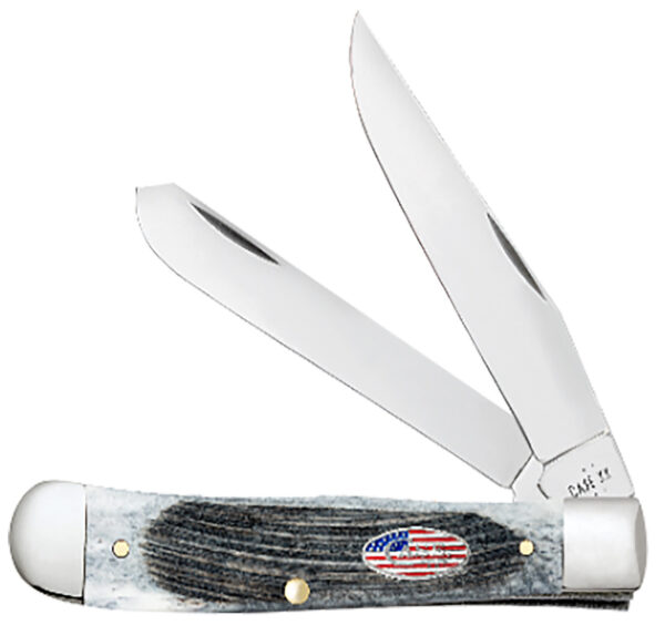 Open pocket knife with two stainless steel blades.