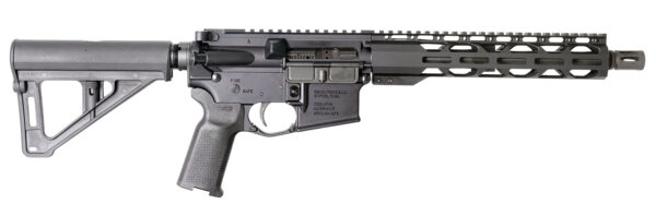 Black tactical firearm with adjustable stock.