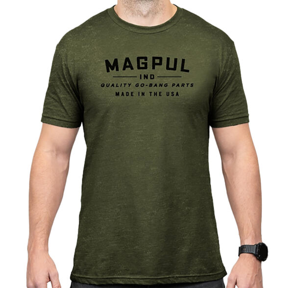 Olive green t-shirt with Magpul logo and text