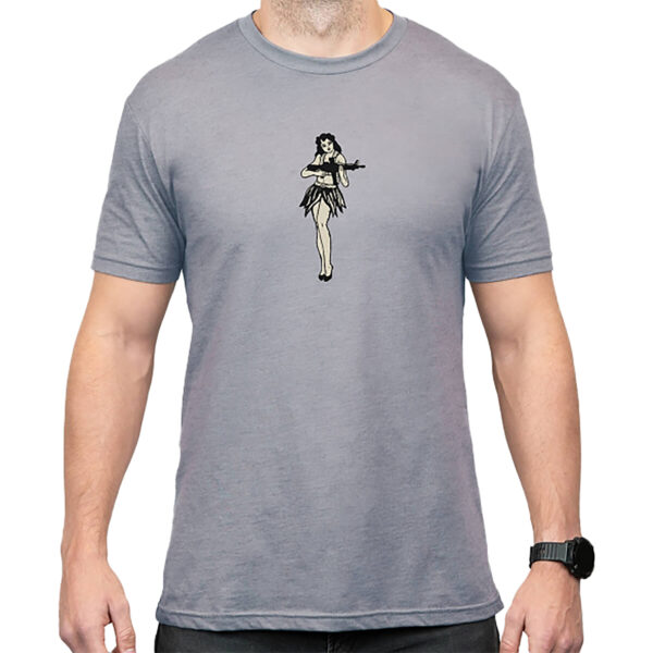 Gray t-shirt with a cartoon woman design.