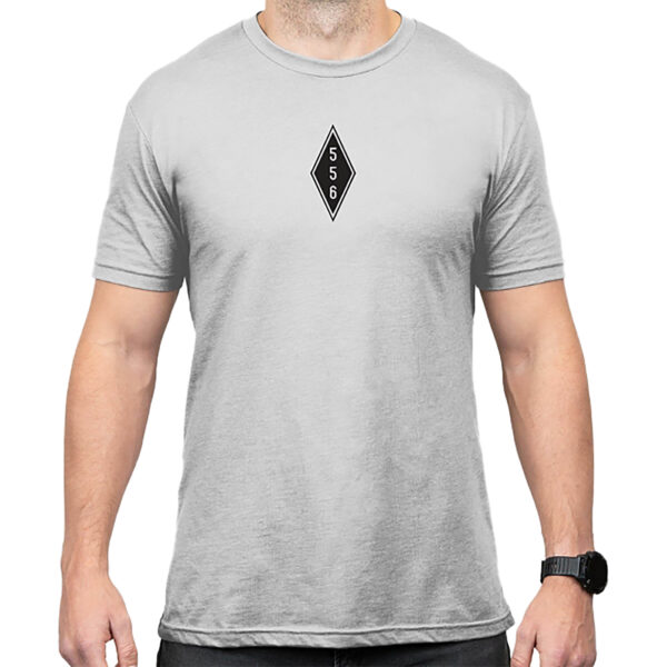 Gray t-shirt with a diamond logo design.