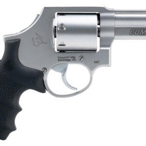 Silver revolver with black grip and ergonomic design.