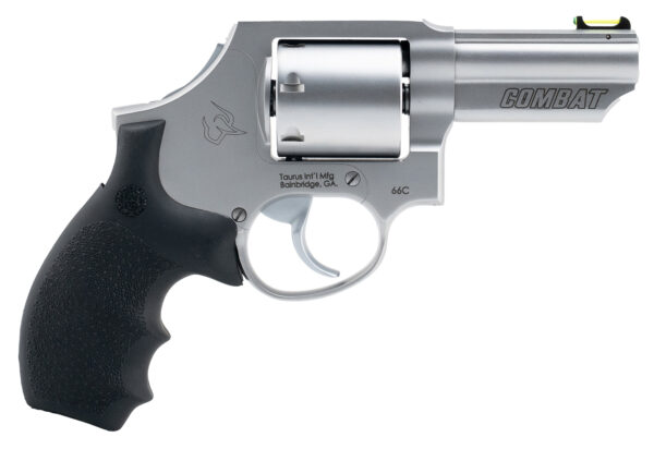 Silver revolver with black grip and ergonomic design.