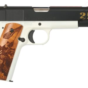 Black and white handgun with wooden grip.