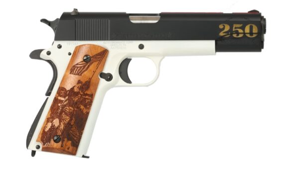 Black and white handgun with wooden grip.