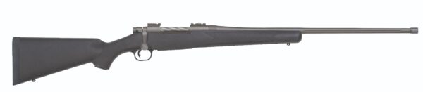 Side view of a black bolt-action rifle.