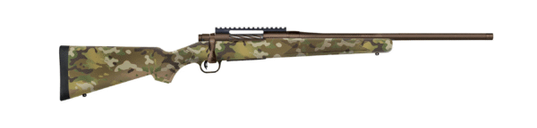 Side view of a camouflage-patterned rifle.