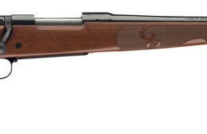 Side view of a wooden rifle with metal barrel.