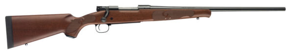 Side view of a wooden rifle with metal barrel.