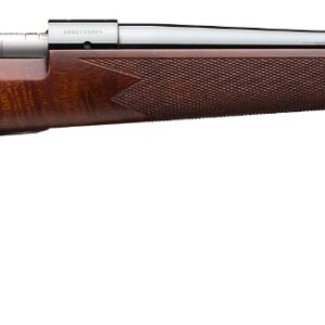 Side view of a wooden stock rifle.