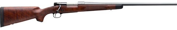 Side view of a wooden stock rifle.