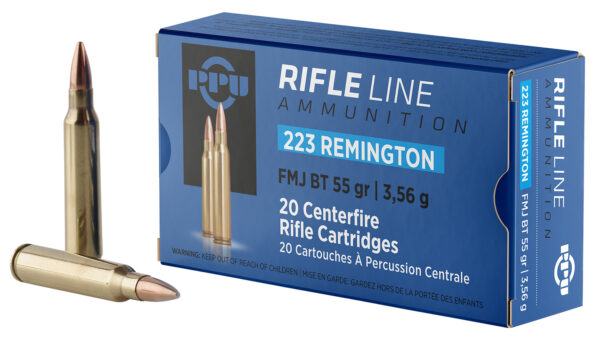 PPU 223 Remington rifle ammunition box with cartridges