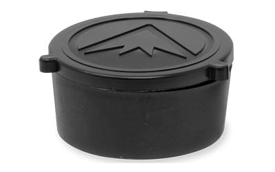 Black round container with mountain logo on top.