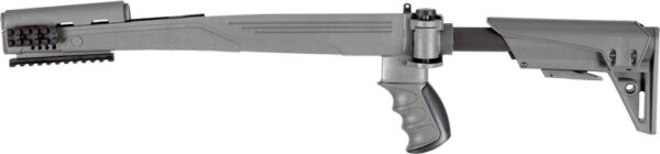 Gray adjustable firearm stock with ergonomic grip.