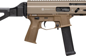 Tan firearm with adjustable stock and rail system.