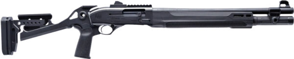 Side view of a modern shotgun with tactical features.
