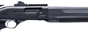 Black shotgun with tactical features and adjustable stock.