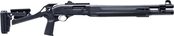Black shotgun with tactical features and adjustable stock.
