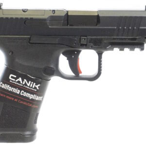 Handgun with compliance label and features visible.