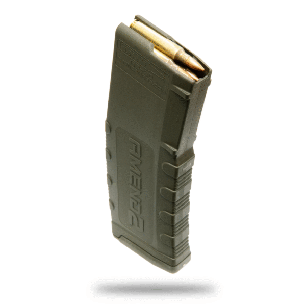 Green ammunition magazine with bullets visible