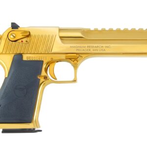 Gold handgun with black grip, detailed design.