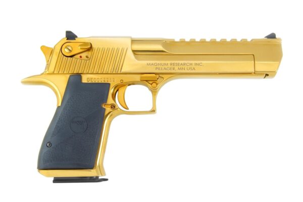 Gold handgun with black grip, detailed design.