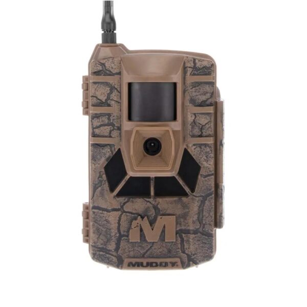 Muddy trail camera with camouflage design.