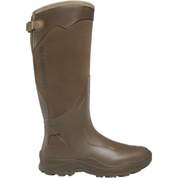 Lacrosse waterproof brown rubber boots, side view.
