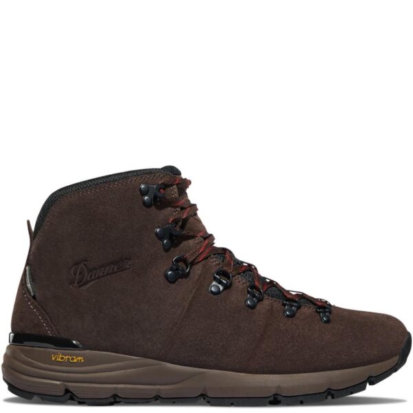 Brown hiking boots with red laces and Vibram sole.