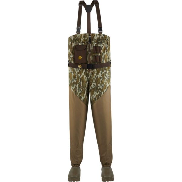 Waterproof fishing waders with camouflage design.