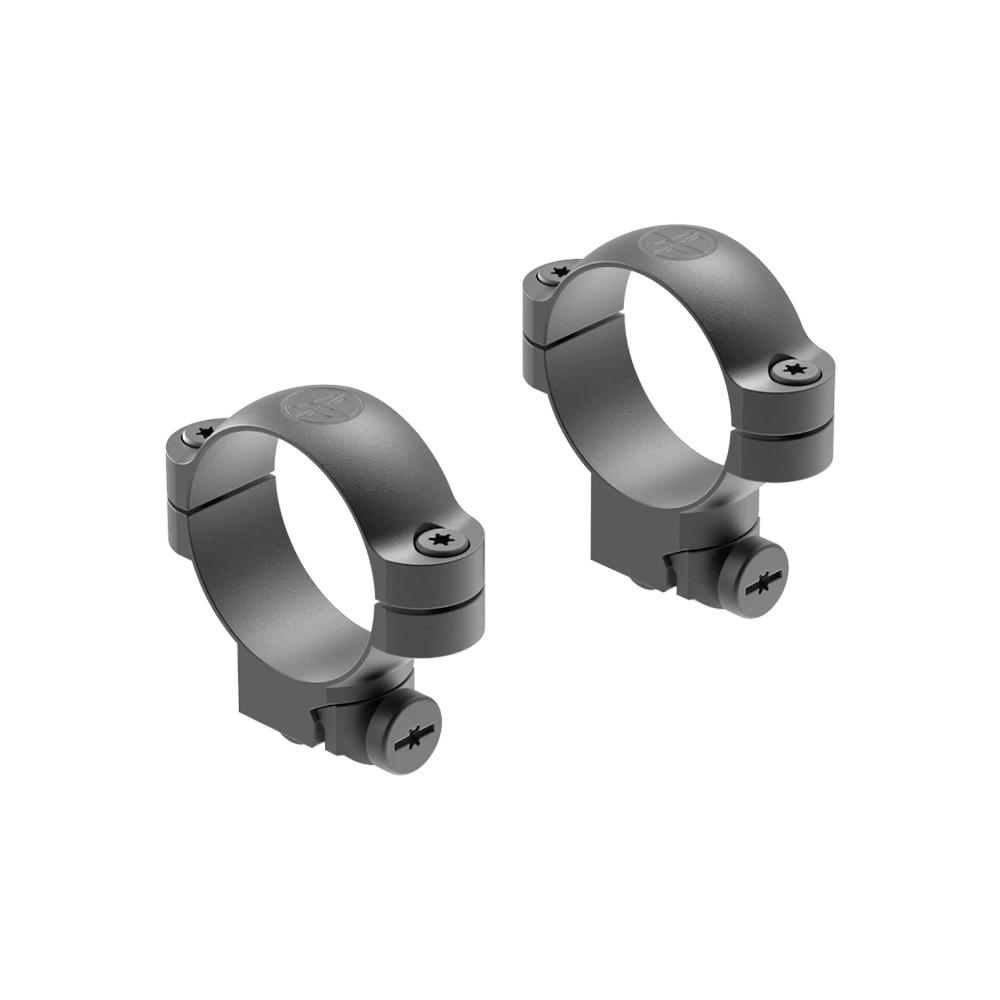 Two black scope rings for mounting attachments.