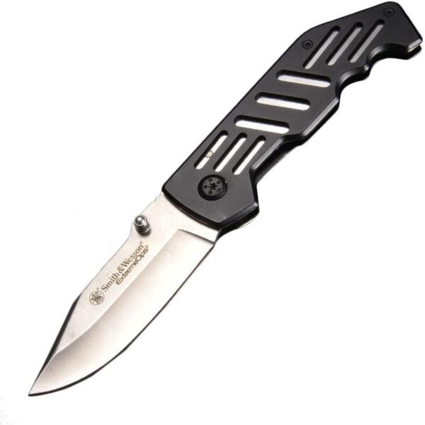 Black folding knife with stainless steel blade.