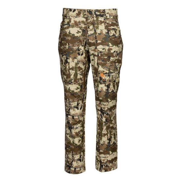 Camouflage cargo pants with multiple pockets.