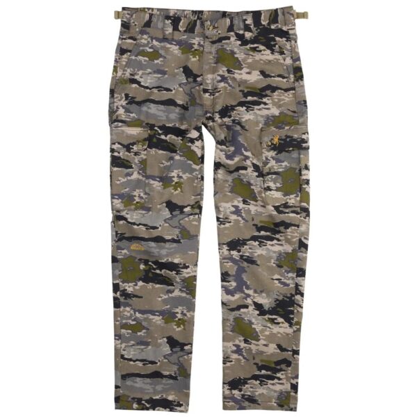 Camouflage cargo pants with elastic waistband.