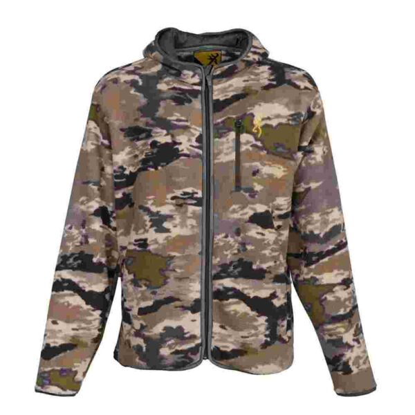 Camouflage jacket with a hood and zipper.