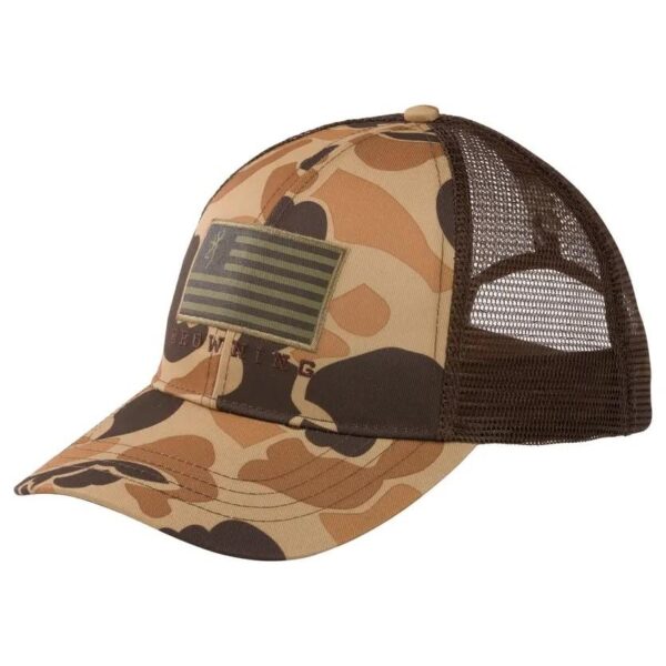 Camo baseball cap with mesh back and flag design.