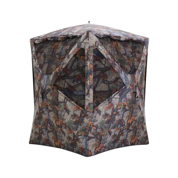 Camo hunting blind with spacious interior design.