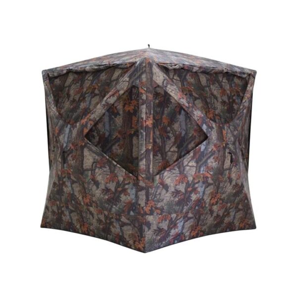 Camo hunting blind with open windows.